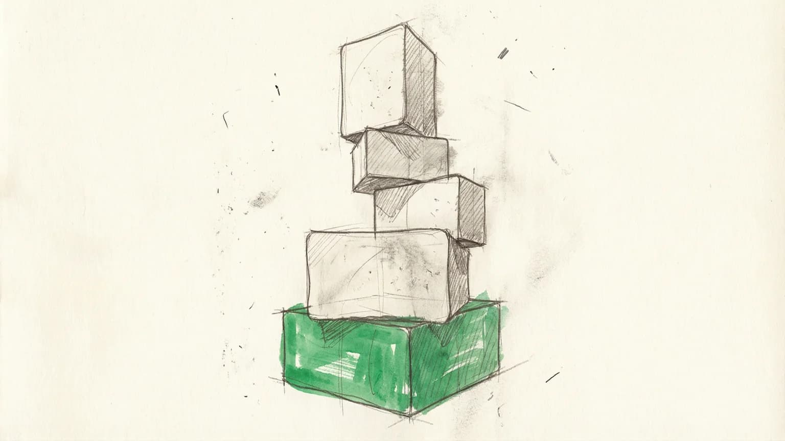 Abstract illustration of layered geometric blocks with a green-highlighted foundation representing root cause diagnosis