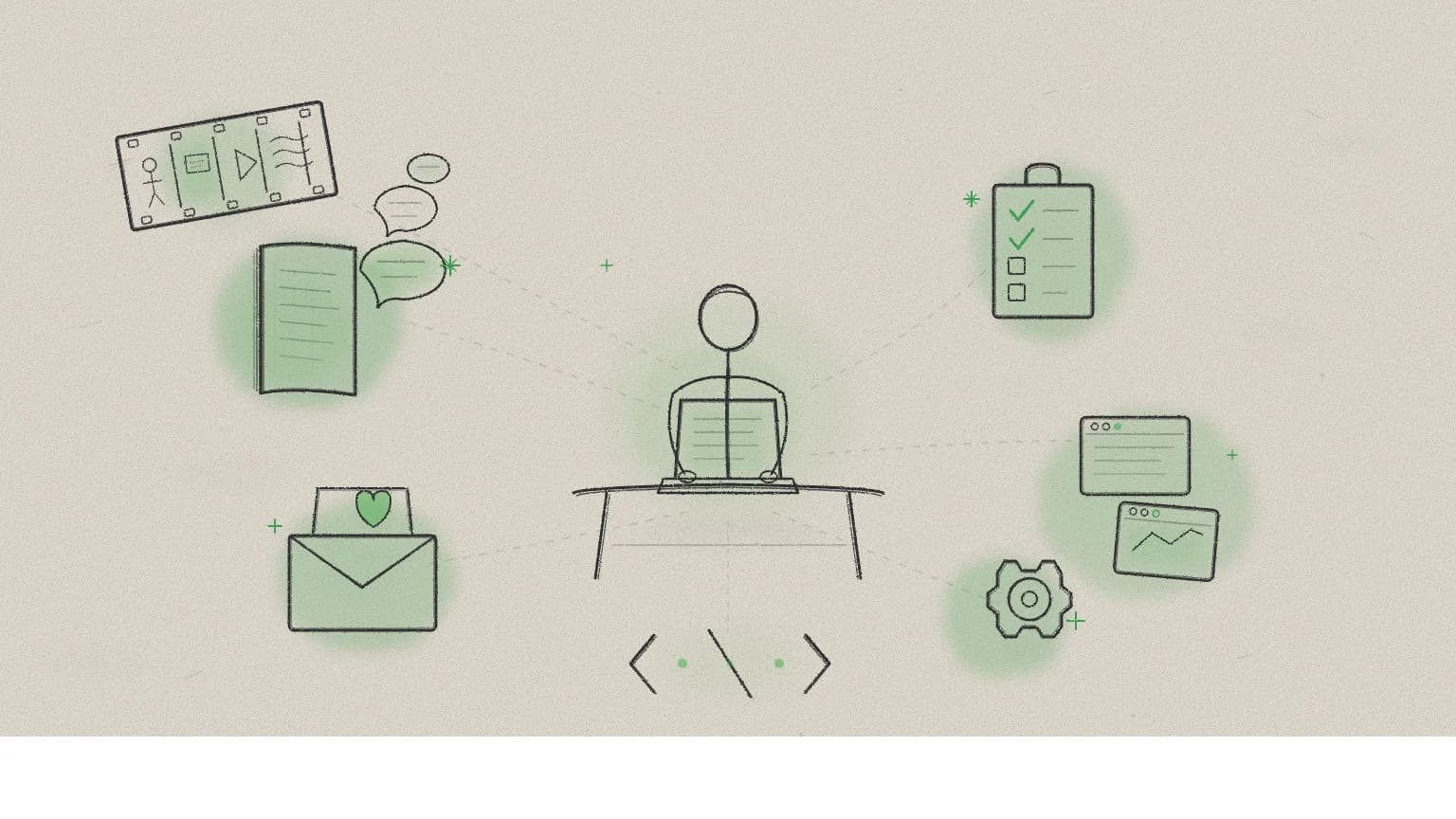 Hand-drawn sketch of a single person surrounded by small custom-built tools and apps with green accents