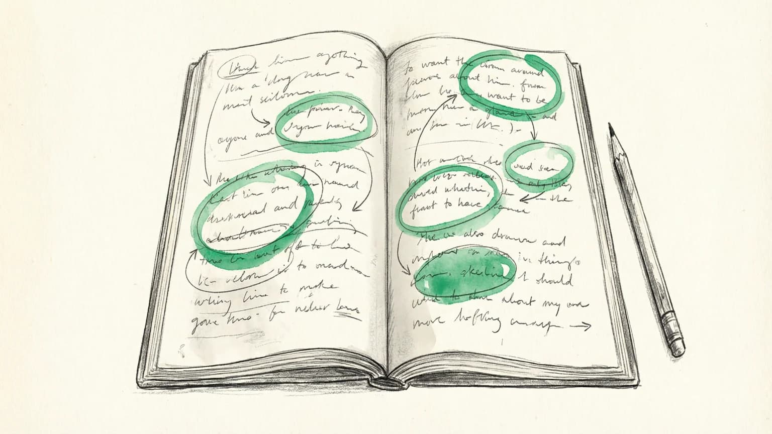 Hand-drawn sketch of calendar pages turning with highlighted weekly milestones in green
