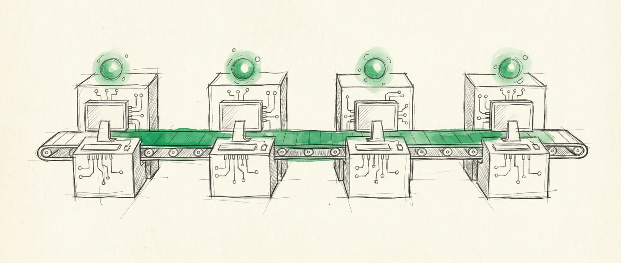 Hand-drawn sketch of a software pipeline with agents working in parallel stages, shown as an industrial assembly line with code flowing left to right through isolated sandboxes