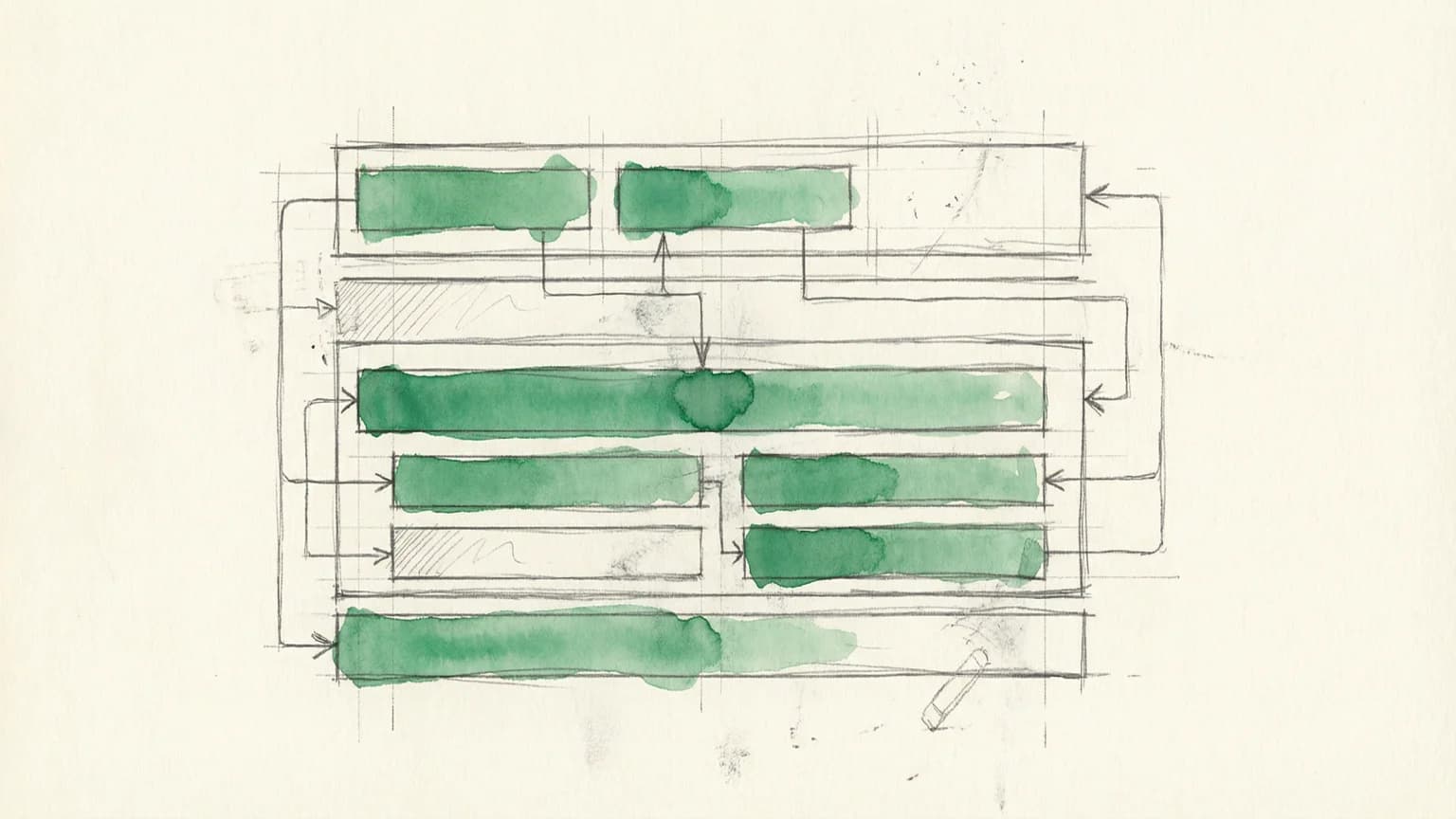 Hand-drawn sketch of layered system architecture with green-highlighted intelligent components