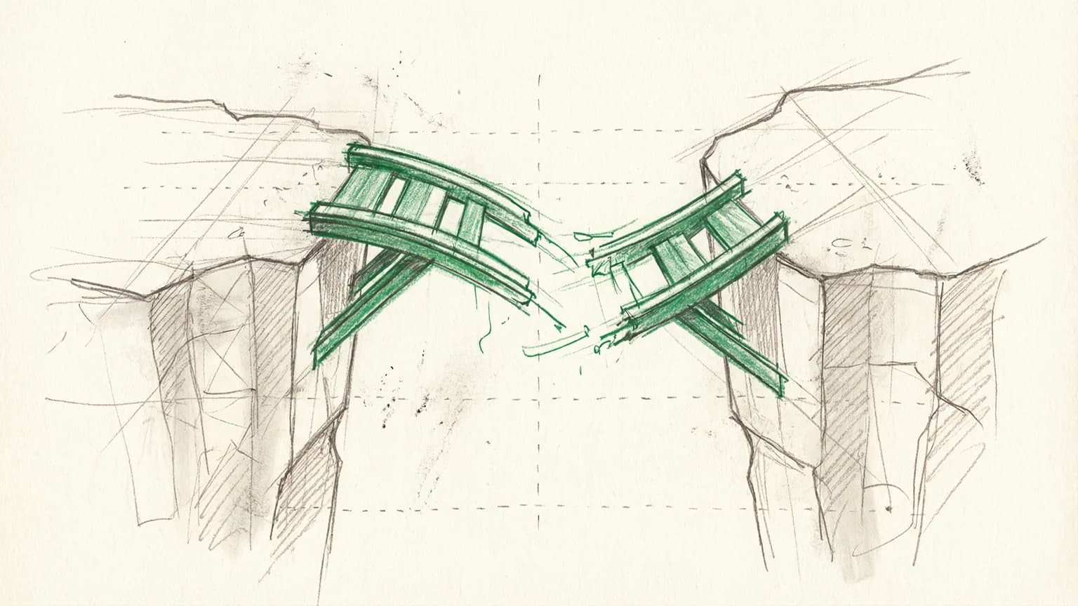 Abstract illustration of two separate platforms with an incomplete green bridge spanning the gap between them