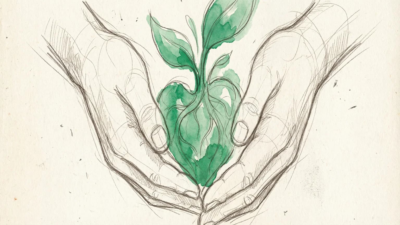 Hand-drawn sketch of hands cradling a delicate green organic shape representing trust in creative tools