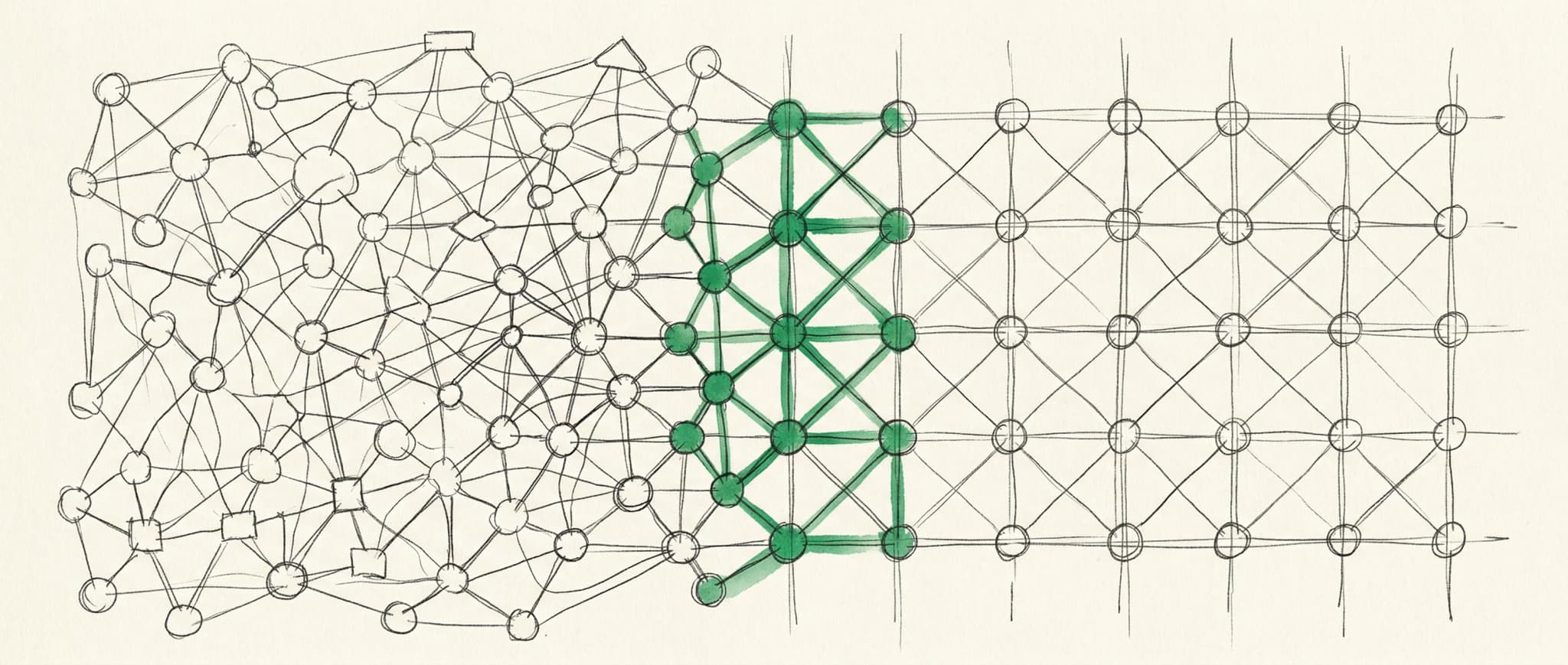 Abstract geometric illustration of interconnected systems layering and adapting, with a green-tinted structural grid