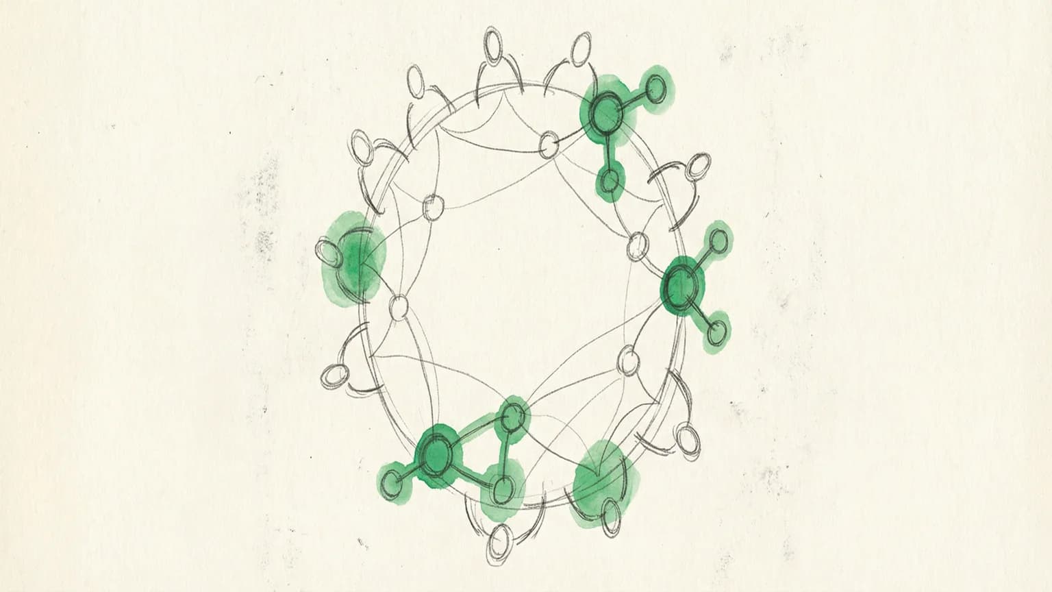 Hand-drawn sketch of connected nodes forming a collaborative community circle with green accents