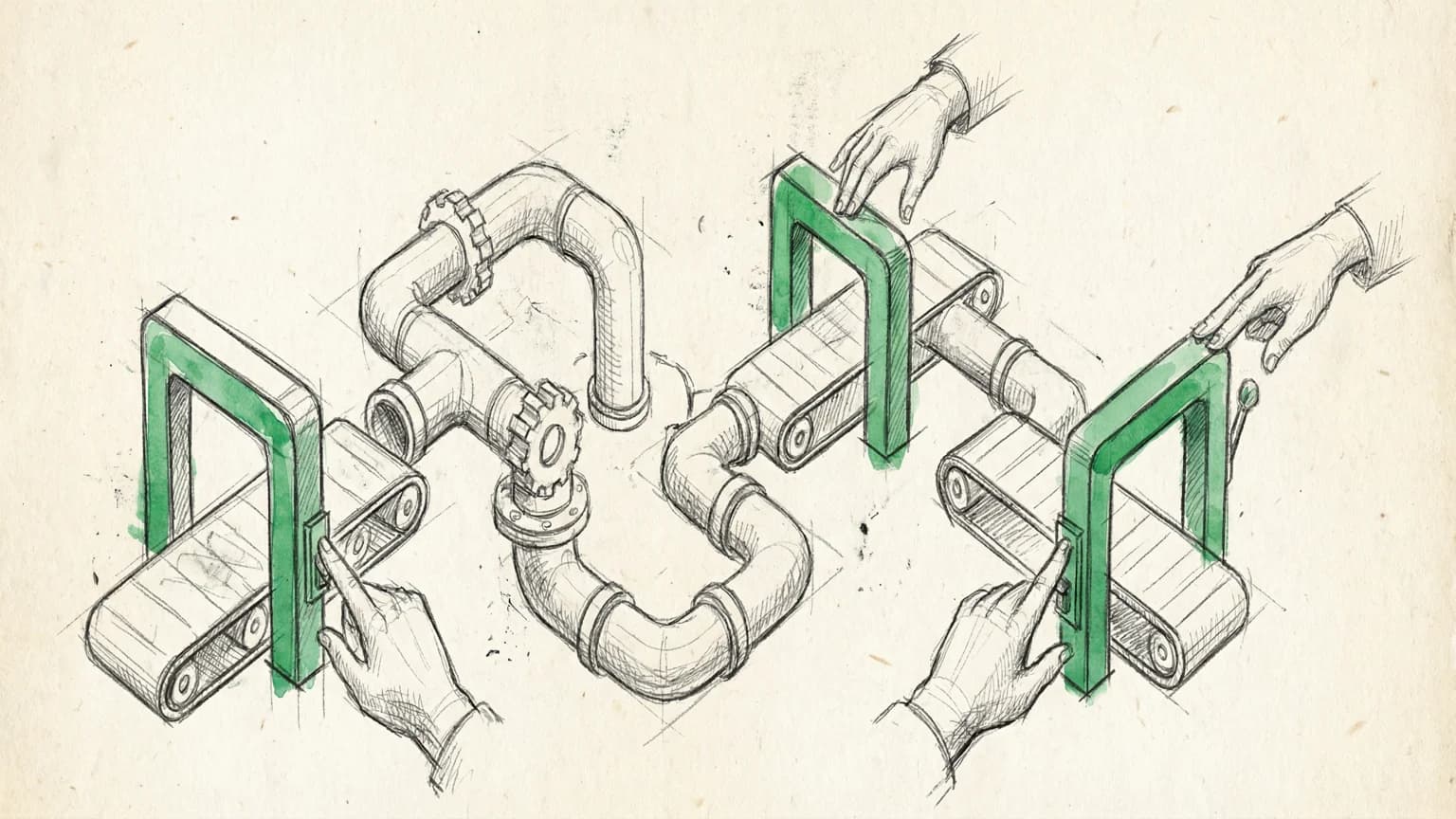 Hand-drawn sketch of a workflow pipeline with human approval checkpoints highlighted in green