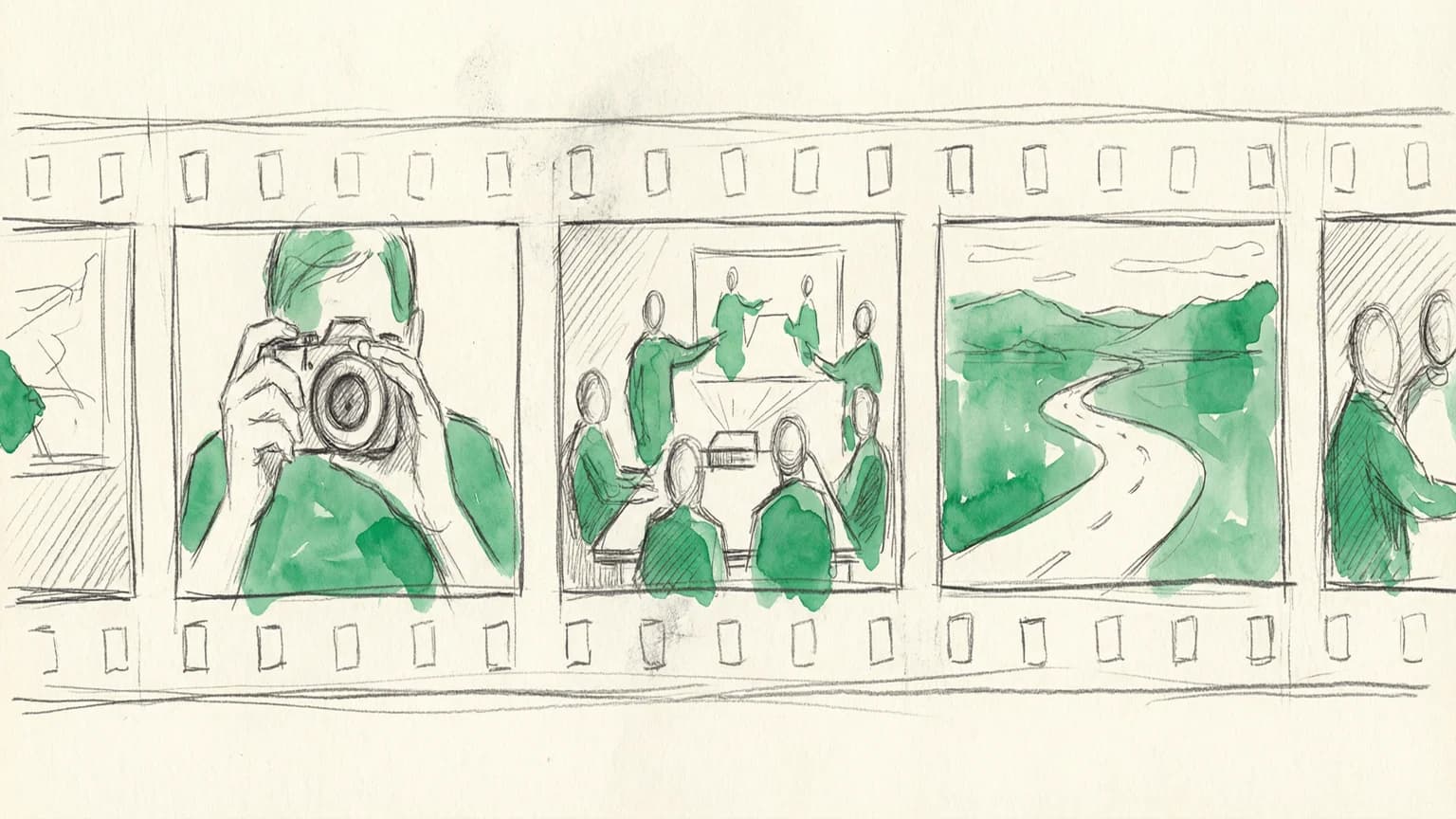 Hand-drawn sketch of sequential storyboard frames with key moments highlighted in green
