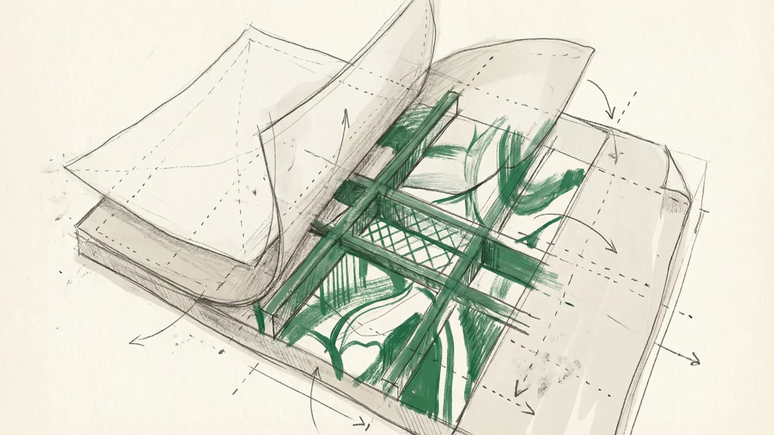 Abstract illustration of transparent overlapping layers being peeled back to reveal structure beneath