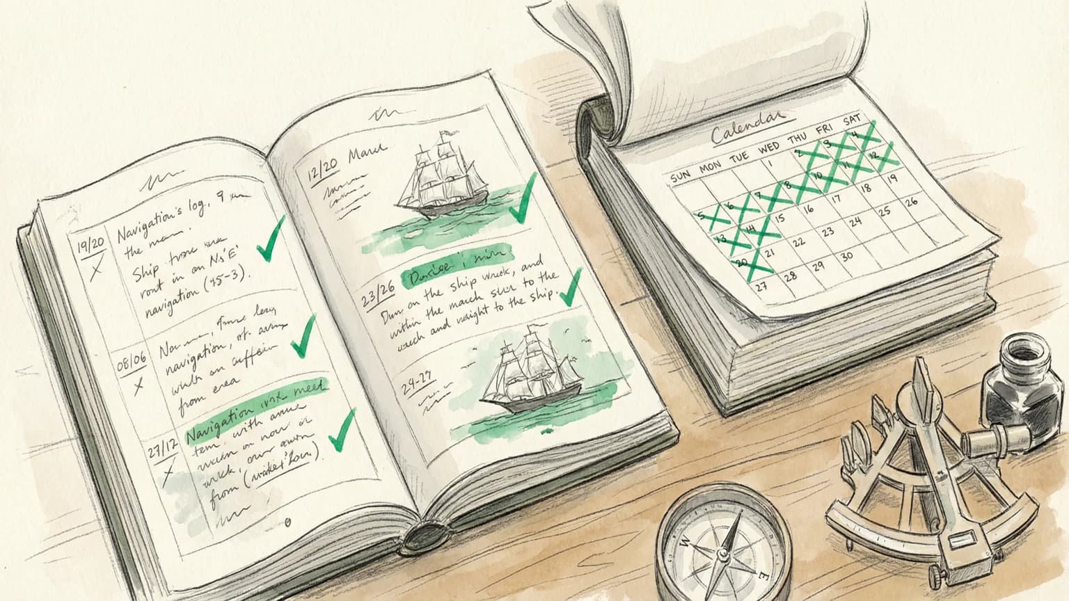 Hand-drawn sketch of calendar pages turning with highlighted weekly milestones in green