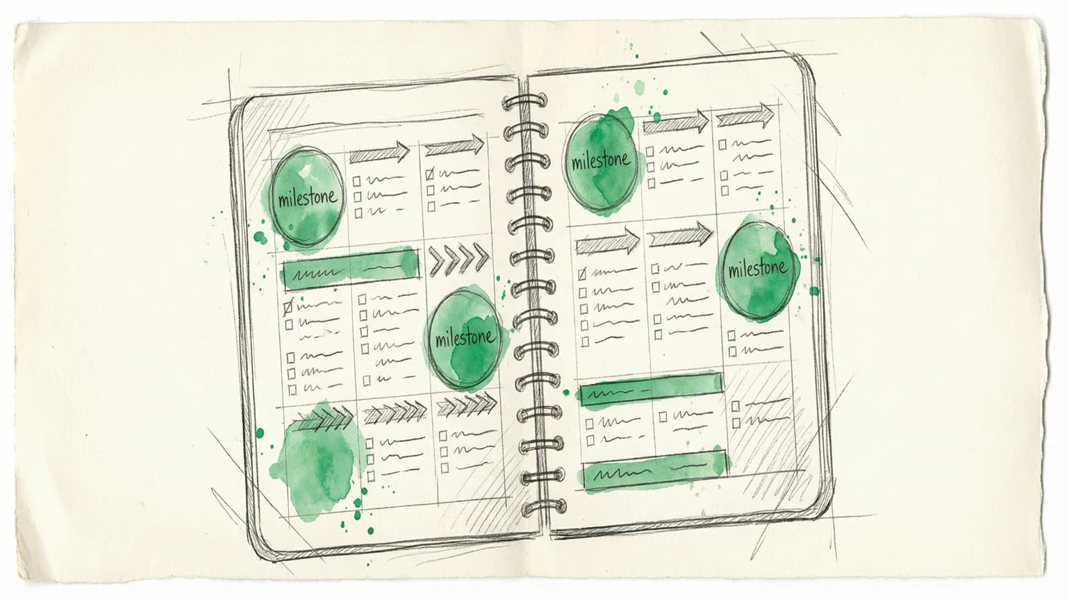 Hand-drawn sketch of calendar pages turning with highlighted weekly milestones in green