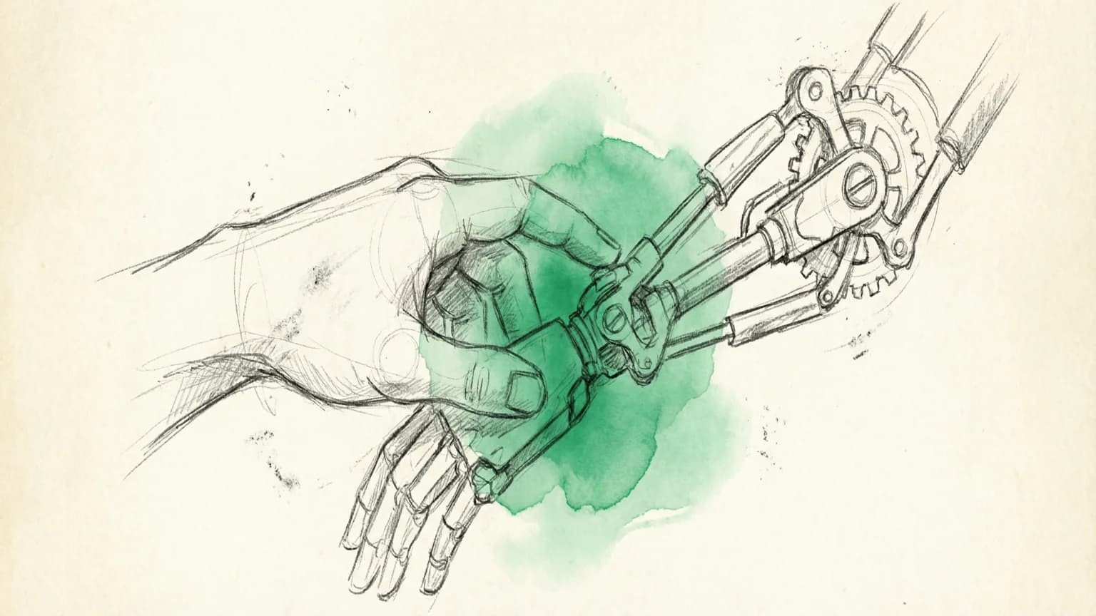 Hand-drawn sketch of a human hand guiding a mechanical element with green glow at point of contact