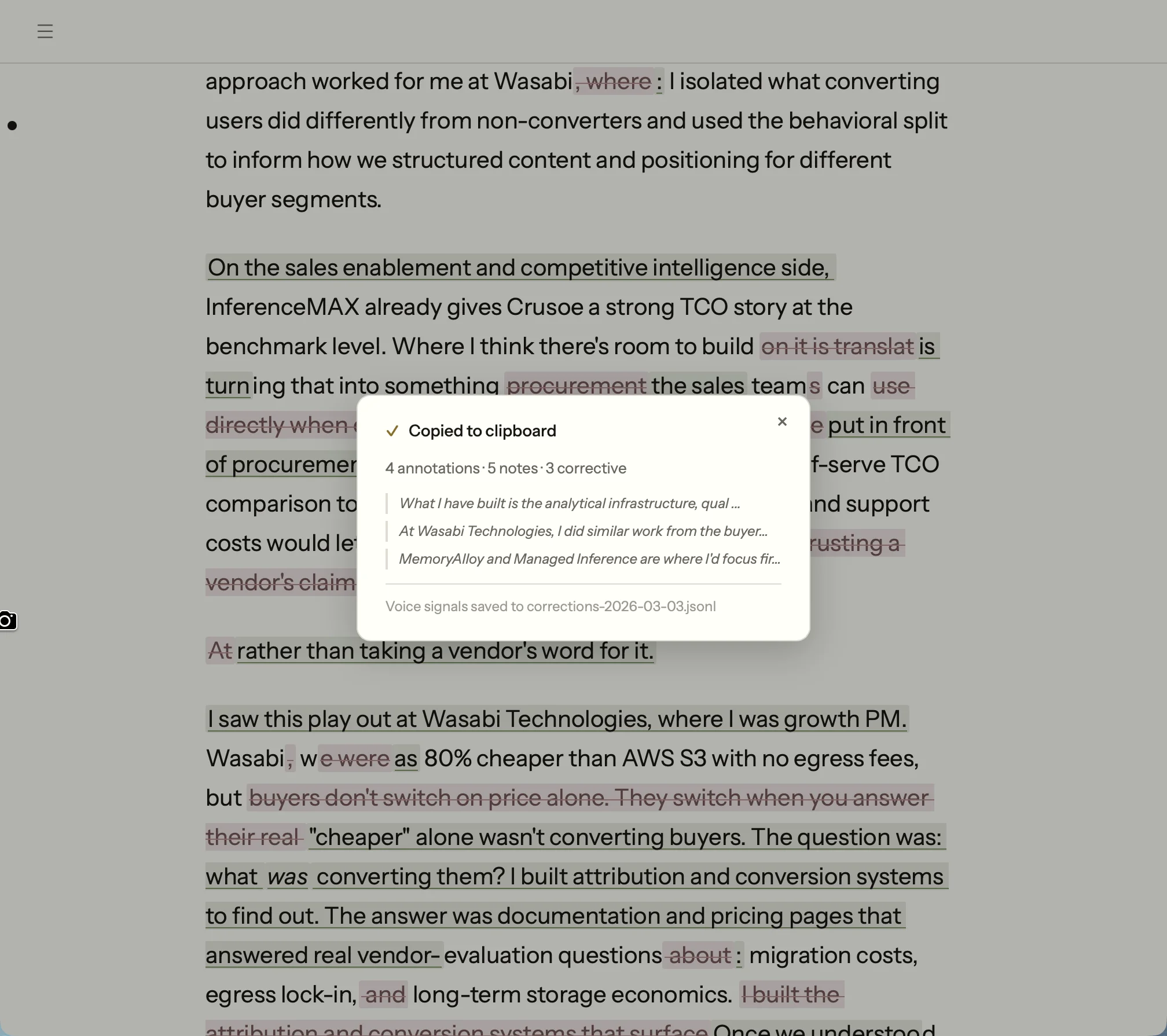 Margin showing corrections with pink highlights, strikethroughs, and an export summary