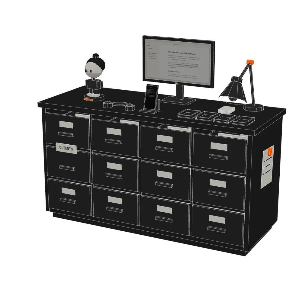 The static poster of the 3D desk, a cabinet of drawers with a monitor, lamp and a small figure on top.