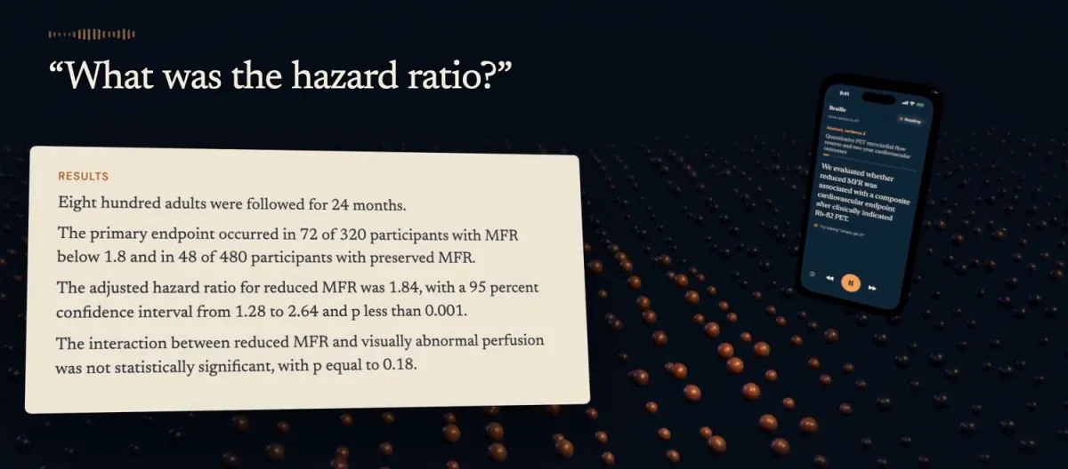 A frame from the film. Under the question “What was the hazard ratio?”, a card shows four sentences of the synthetic paper, including the adjusted hazard ratio for reduced MFR, 1.84, with a 95 percent confidence interval from 1.28 to 2.64.