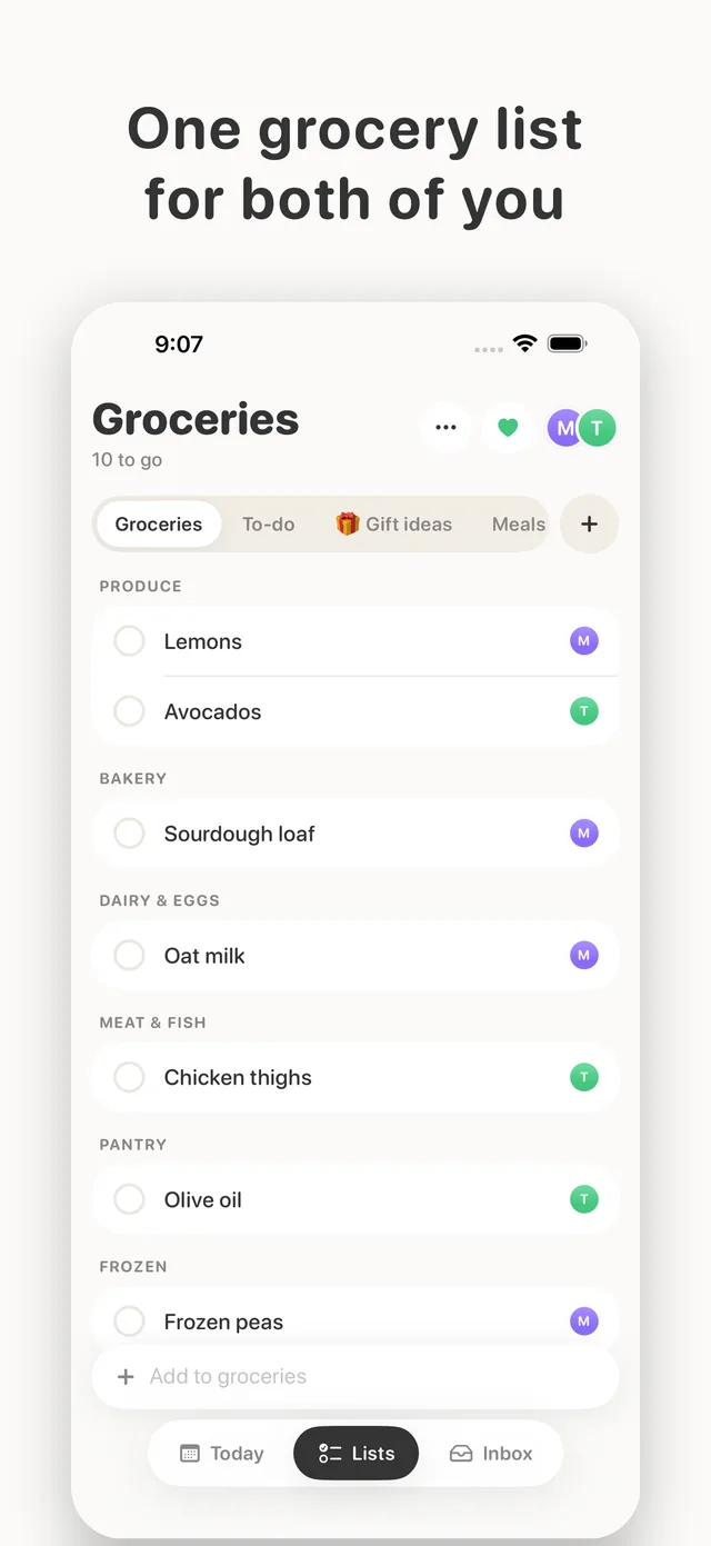 Kindred's Groceries list in build 20, grouped into Produce, Bakery, Dairy and eggs, Meat and fish, Pantry and Frozen.