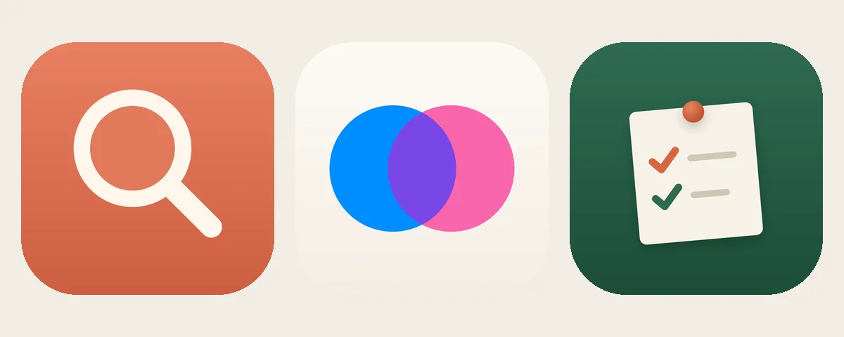 Kindred's three icons from October 9, left to right. A magnifying glass, two overlapping blue and pink circles, and a note pinned to a green fridge door with two ticks.