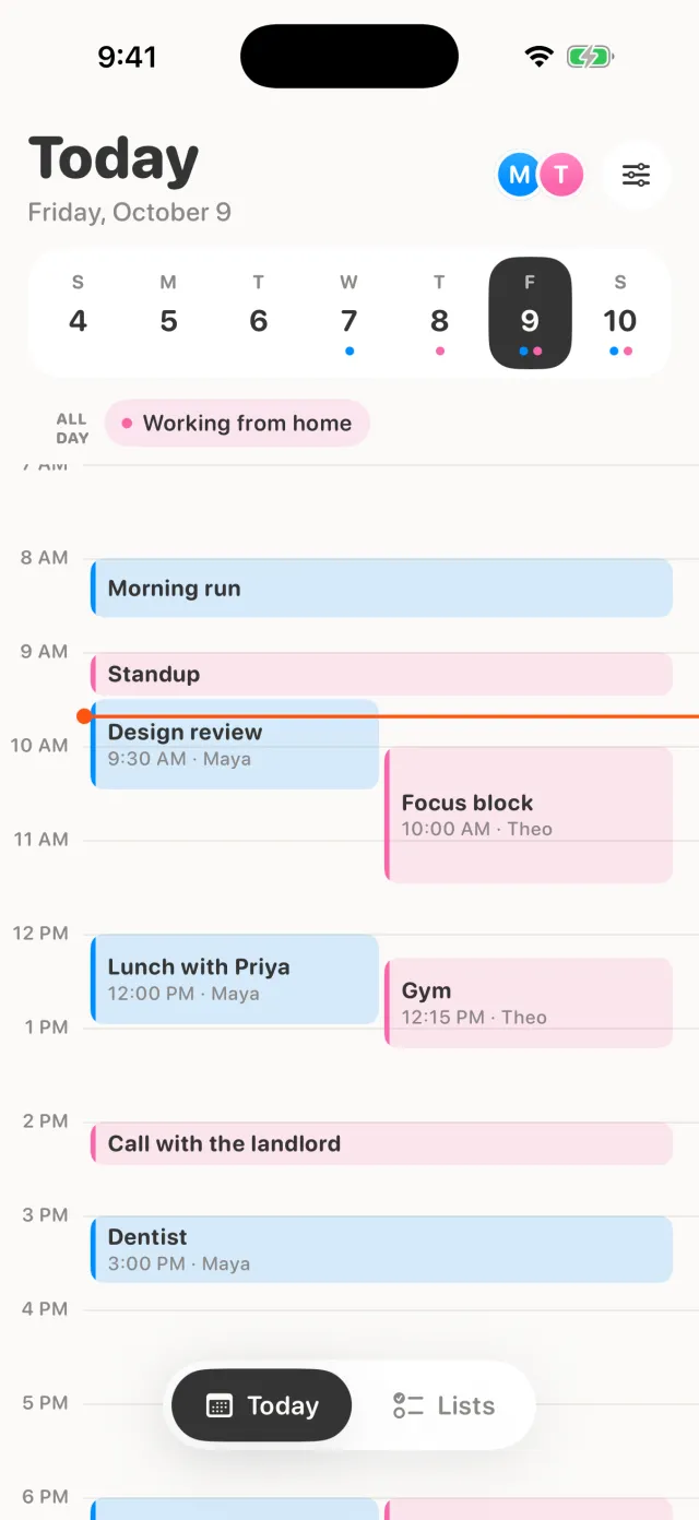Kindred's Today screen: a day timeline with Maya's events in blue and Theo's in pink