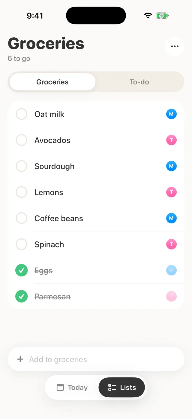 The real Groceries screen: a shared list where each item shows who added it