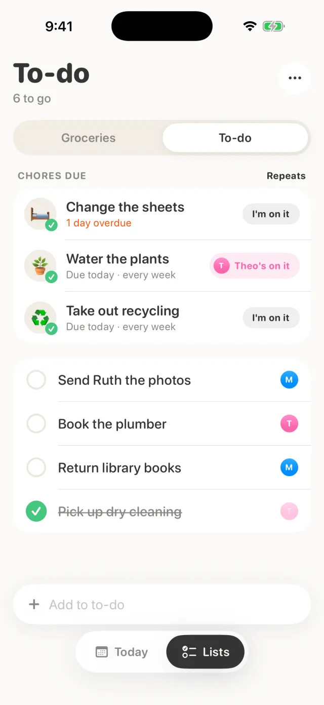 The real To-do screen: chores due with I'm on it chips, one reading Theo's on it