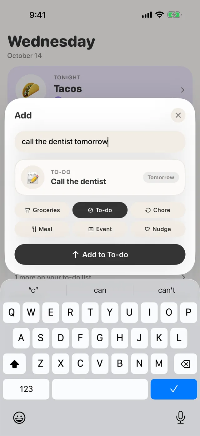 The real add tray: “call the dentist tomorrow” becomes a to-do with a Tomorrow chip