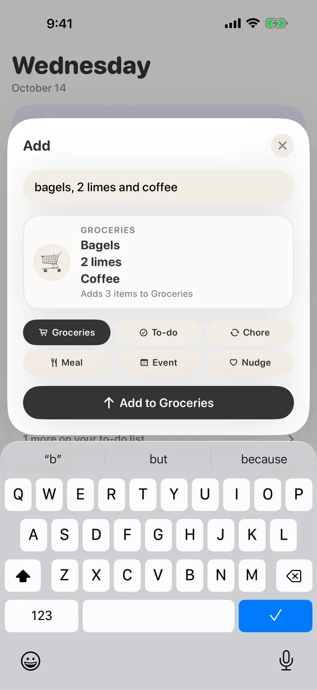The real add tray: “bagels, 2 limes and coffee” becomes a Groceries card that adds three items