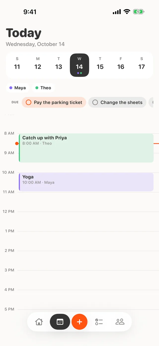 Kindred’s Calendar tab: a week strip, due chips for a parking ticket and the sheets, and Maya’s and Theo’s events on one timeline