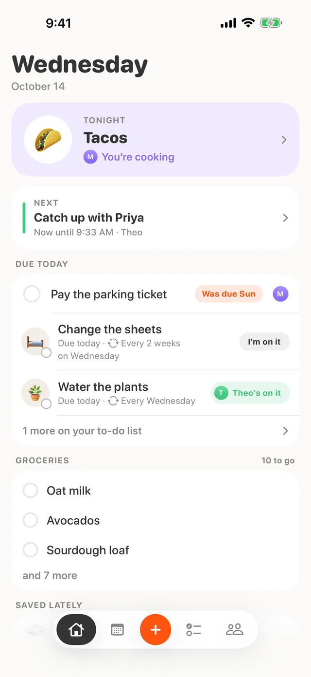Kindred’s Home screen: tonight’s tacos, the next event, three things due today and the first groceries