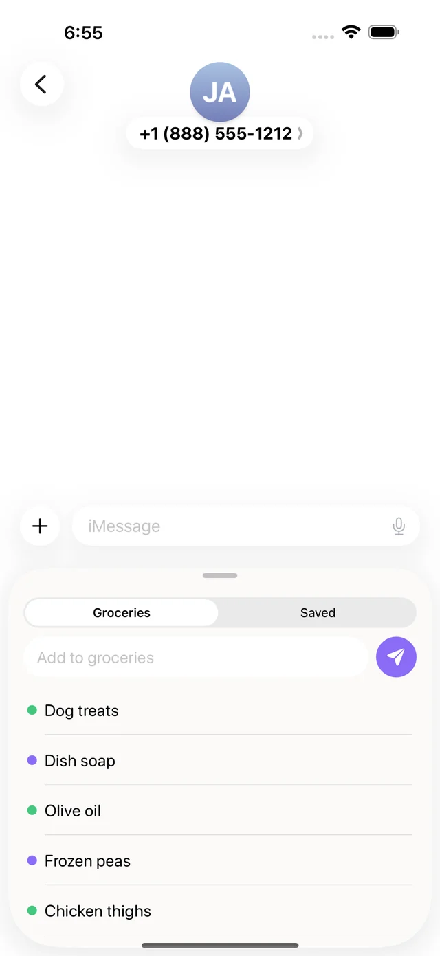 The Kindred drawer open in Messages, with Groceries and Saved tabs and an Add to groceries field above the list