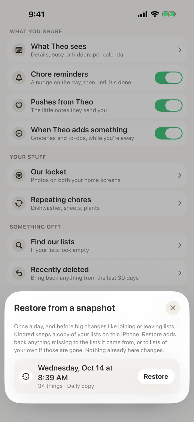 Restore from a snapshot: a daily copy of 34 things kept on this iPhone