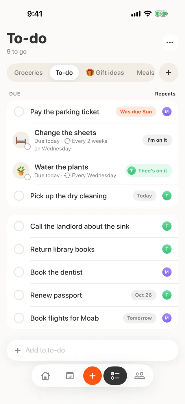 The real To-do screen: a Due group with chores, one reading Theo’s on it