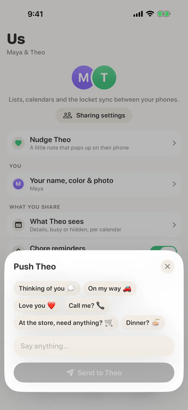 The Us tab with the nudge tray open: Thinking of you, On my way, Dinner?