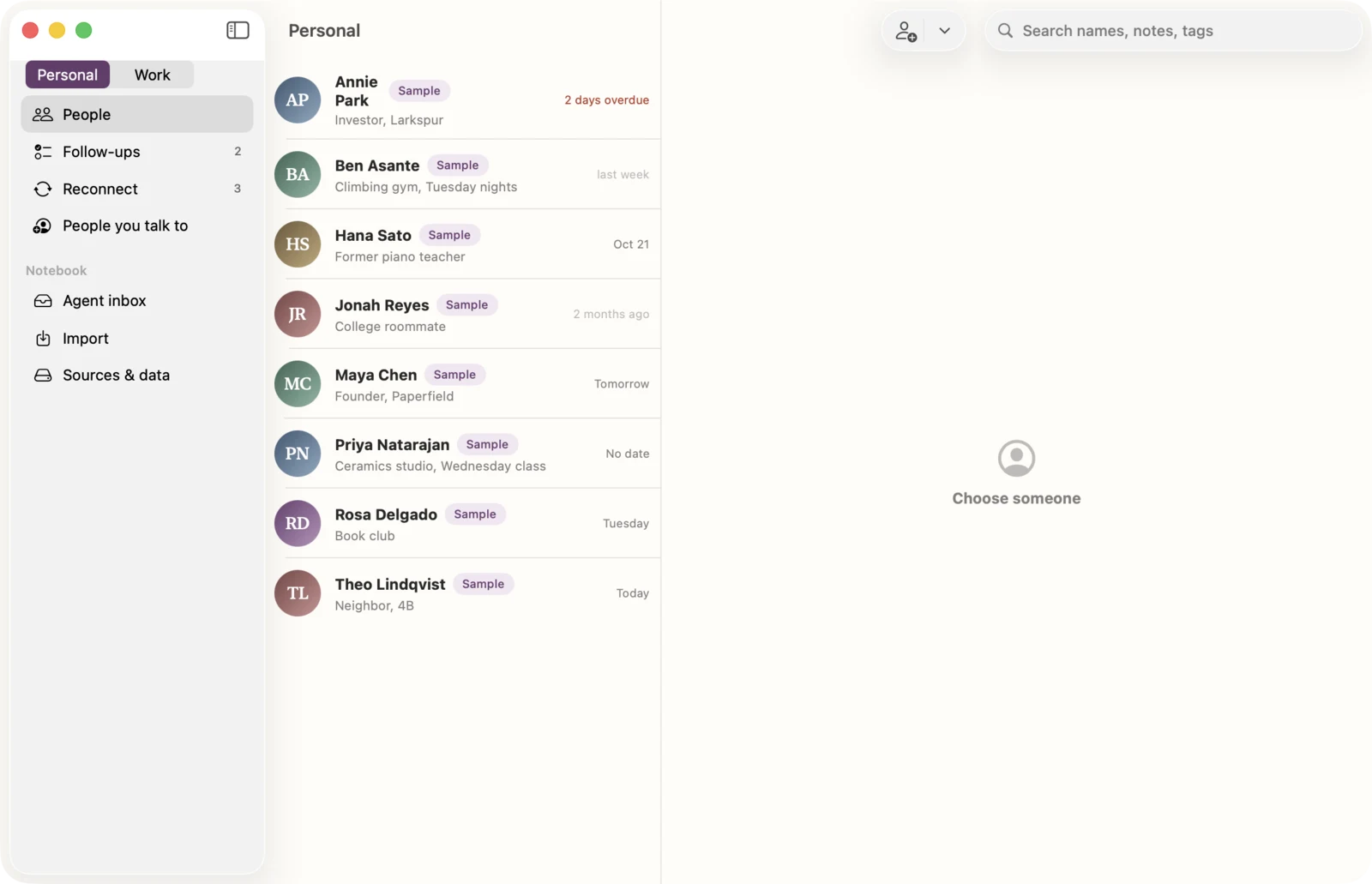 Before the redesign: the same sample people as a list of rows with initials