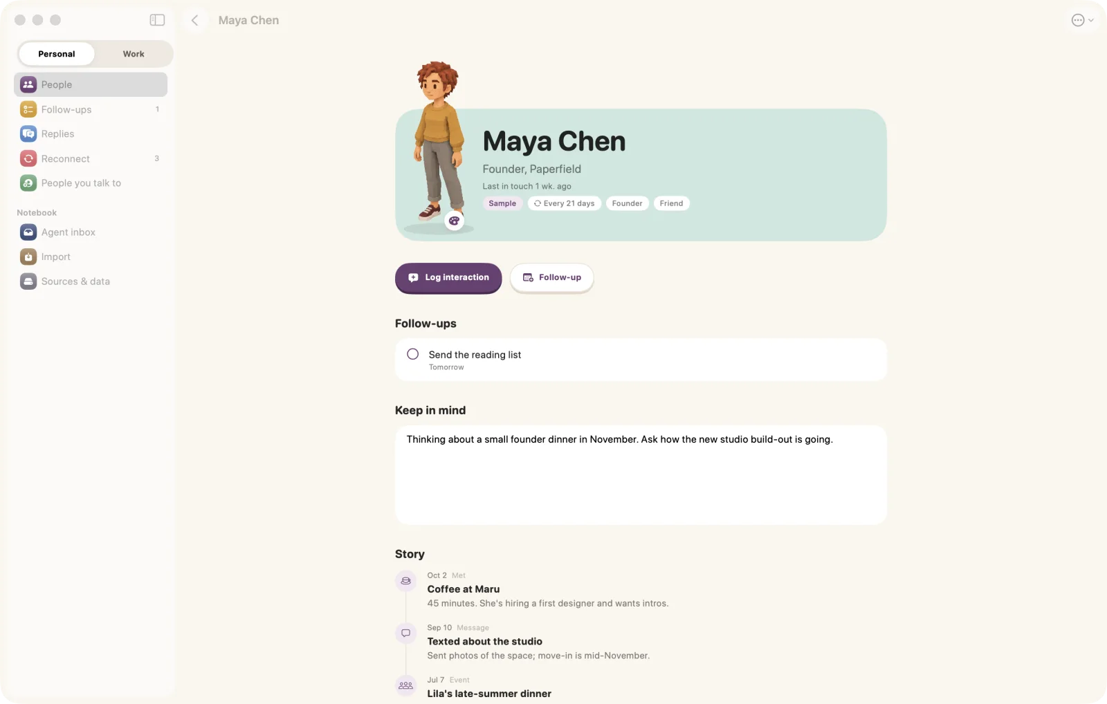 The sample profile of Maya Chen in the Mac app: her character on a mint stage, a follow-up, a note to keep in mind and the story of past meetings and messages