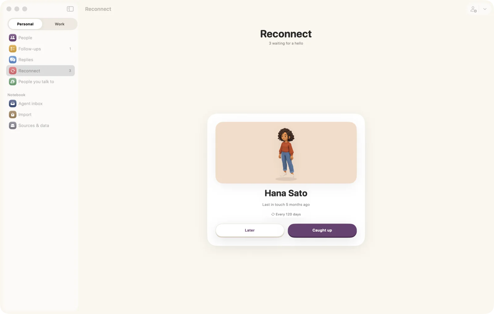 The Reconnect deck in the Mac app, one sample person at a time